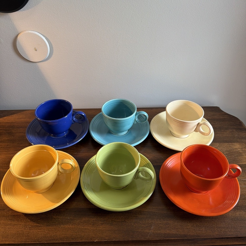 Lot of 6 Vintage Fiesta Cup & Saucers Red (Orange) Cobalt, Turquoise, Yellow